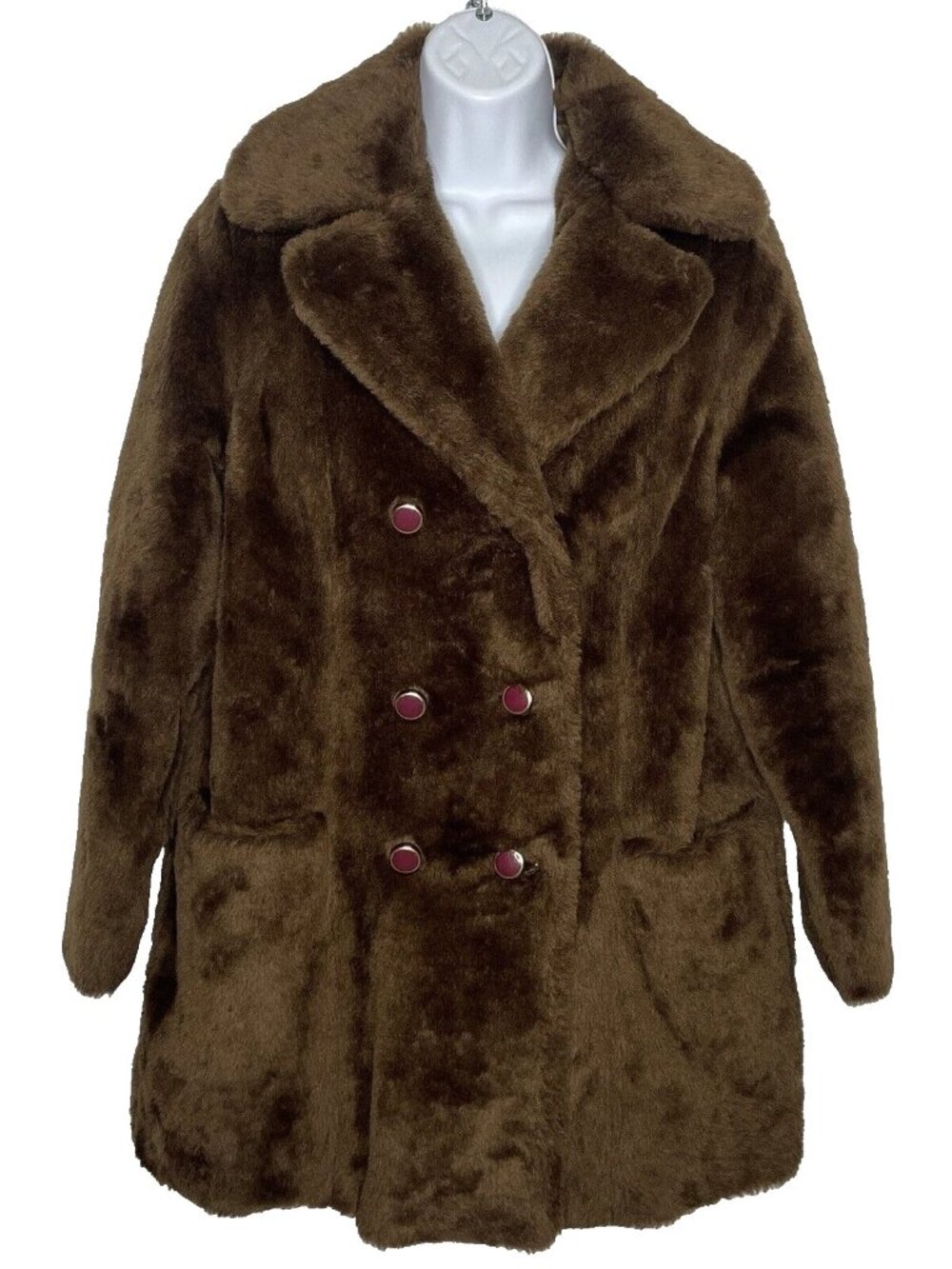 Vintage 70s Brown Faux Fur Coat Jacket Size 10 Double Breasted Button Front